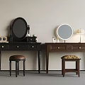 Wooden Dressing Tables With Round Mirrors Drawers Stools And Side Table Lamp