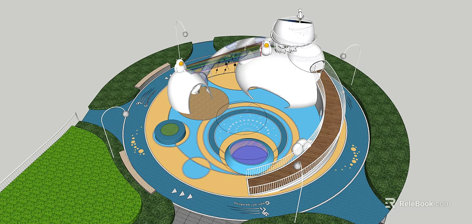 Colorful Circular Kids Play Area With Slides Climbing Structures And Green Grass 3d model 