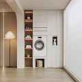 Modern Laundry Area Interior With Washing Machine Storage Cabinets Plants Floor Lamp And Wooden Floor