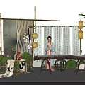 Chinese Style Photo Spot With Bamboo Screens Lanterns Lotus Guzheng And Woman In Traditional Costume