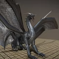 Majestic Mythical Flying Dragon With Spread Wings Standing On Grid Patterned Floor Against Gray Background