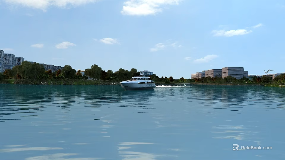 Scenic White Yacht Sailing on Calm Water Under Blue Sky with Shore Trees and Buildings 3d model 