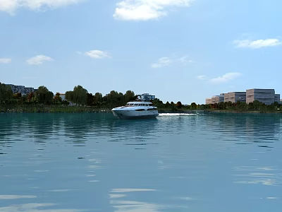 Scenic White Yacht Sailing on Calm Water Under Blue Sky with Shore Trees and Buildings 3d model