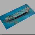 Vintage Ship Model as Water Transport Display on Blue Base with Masts and Deck Equipment