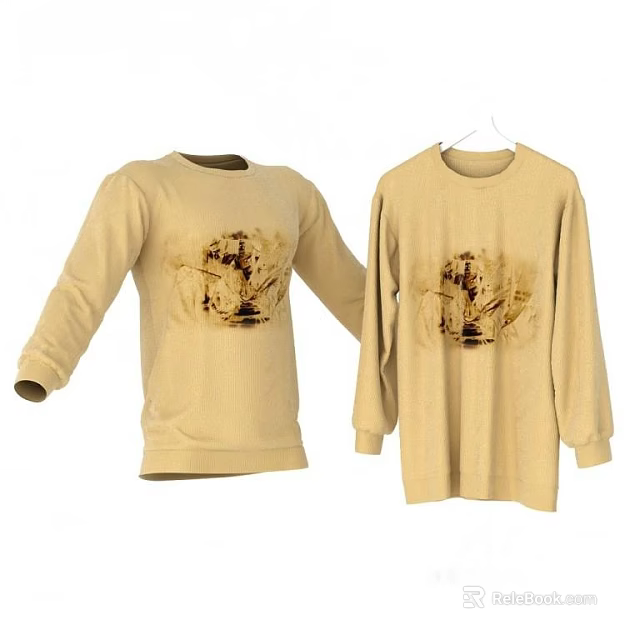 Beige Long Sleeve Sweatshirts With Front Graphic Design Two Displayed Styles 3d model 