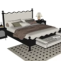 Comfortable Double Bed With Upholstered Headboard Foot Bench Nightstands Table Lamps And Black Dotted Rug