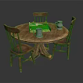 Round Wooden Dining Table With Three Chairs And Cake Pitcher Mug Setting 3d model