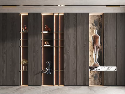 Modern Dark Wooden Decorative Cabinet With Layered Shelves LED Lighting Sculpture And Green Plant 3d model