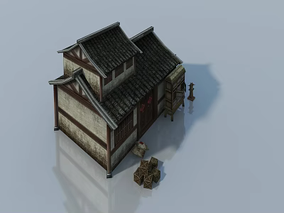 Traditional Chinese Wooden Swing Door For Ancient Style Residential Building With Tile Roof 3d model