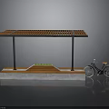 Outdoor Bicycle Shelter Structure With Wooden Grille Roof Metal Posts Concrete Base And Parked Bicycle