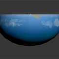 Cartoon Scene of Blue Ocean with Island Rocks and Small Buildings