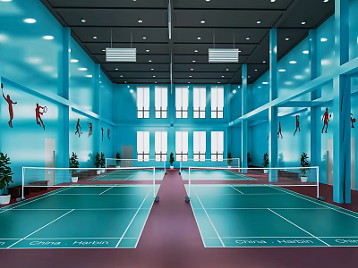 Indoor Badminton Court With Blue Walls Sports Silhouettes Large Windows Green Red Flooring 3d model