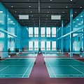 Indoor Badminton Court With Blue Walls Sports Silhouettes Large Windows Green Red Flooring