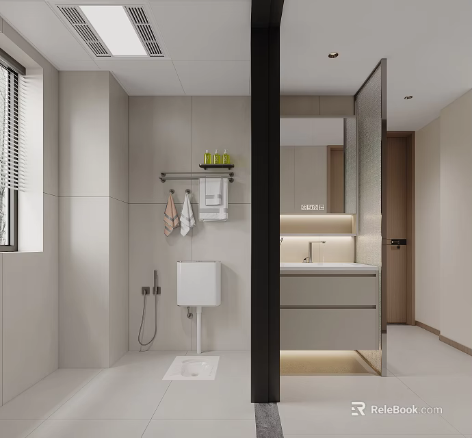 Modern Bathroom Interior With Light Tiles Smart Toilet LED Mirror Cabinet And Glass Partition 3d model 