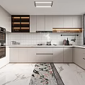 Modern Kitchen Interior With White Cabinets Marble Floor Countertop Appliances And Window