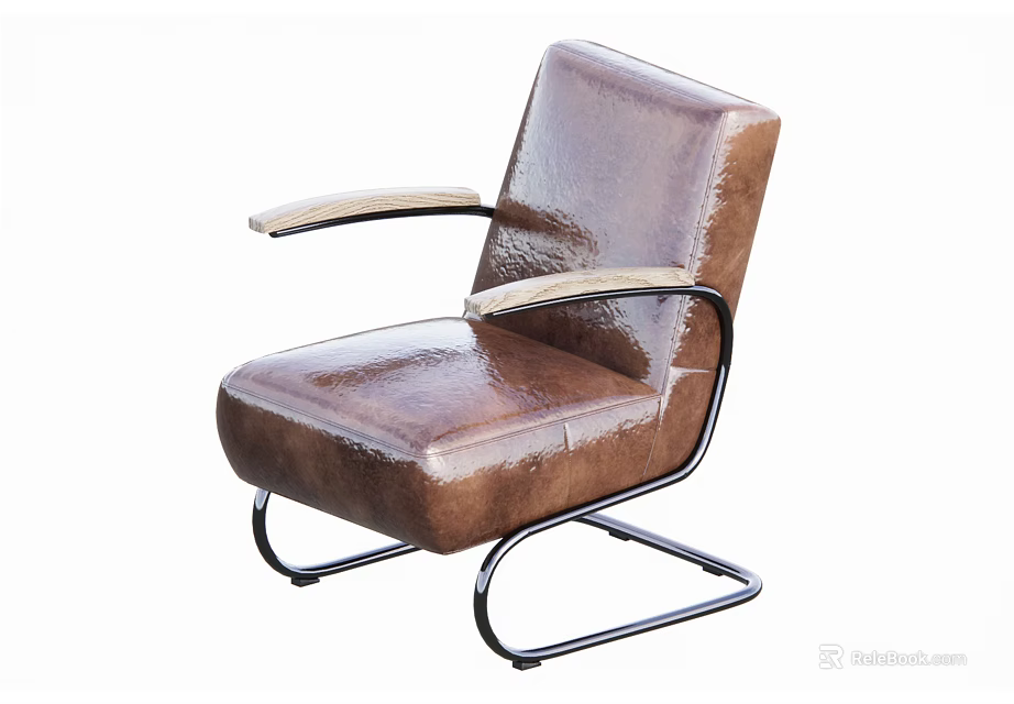 Stylish Brown Leather Single Sofa With Metal Frame And Light Armrests 3d model 