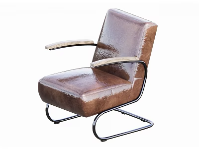 Stylish Brown Leather Single Sofa With Metal Frame And Light Armrests 3d model