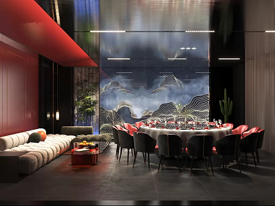 Luxurious Private Dining Room With Round Table Red Chairs And Landscape Painting Backdrop 3d model