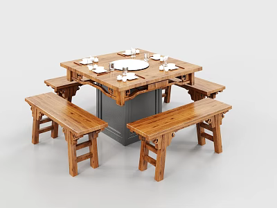 Hotpot Restaurant Interior With Square Wooden Dining Table Bench Seats And Dining Utensils 3d model