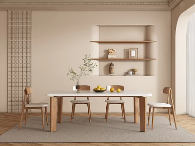 Cozy Restaurant Interior With White Dining Table Wooden Chairs Lemons Green Plant And Decorative Shelves 3d model
