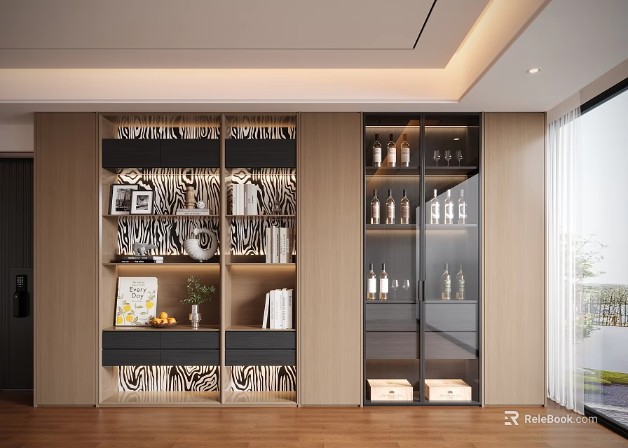 Modern Wooden Decorative Cabinet With Zebra Pattern Glass Doors And Books Wine Bottles 3d model 