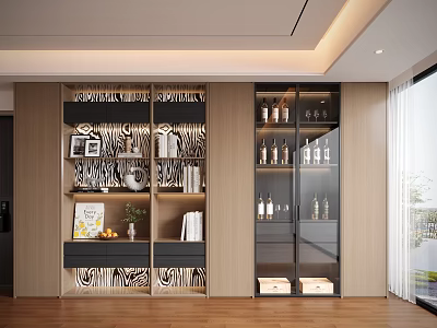 Modern Wooden Decorative Cabinet With Zebra Pattern Glass Doors And Books Wine Bottles 3d model