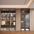 Modern Wooden Decorative Cabinet With Zebra Pattern Glass Doors And Books Wine Bottles