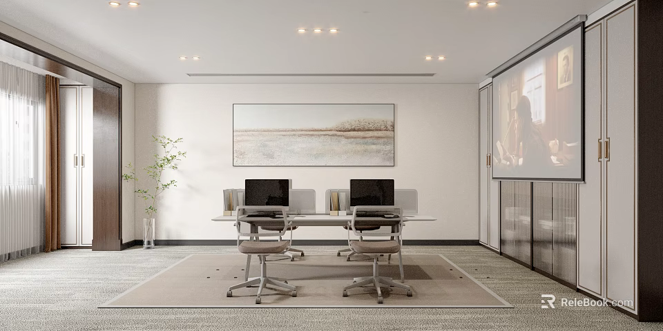 Bright Minimalist Modern Meeting Room With Office Desks Chairs Wall Art And Projection Screen 3d model 