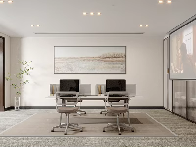 Bright Minimalist Modern Meeting Room With Office Desks Chairs Wall Art And Projection Screen 3d model