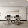 Bright Minimalist Modern Meeting Room With Office Desks Chairs Wall Art And Projection Screen