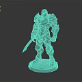 Black Armored Warrior Model With Blue Glowing Lines Holding Sword On Pedestal Base