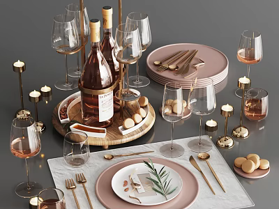 Elegant Tableware Set With Pink Plates Gold Cutlery Wine Glasses Candles And Decorative Herbs 3d model