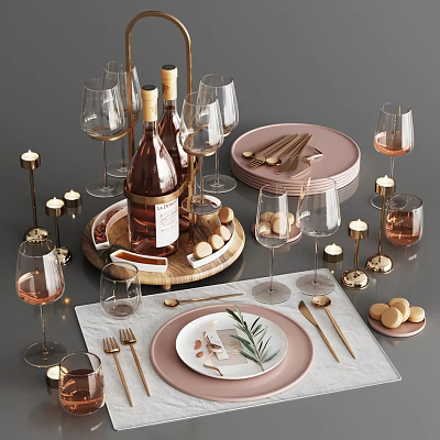 Elegant Tableware Set With Pink Plates Gold Cutlery Wine Glasses Candles And Decorative Herbs 3d model