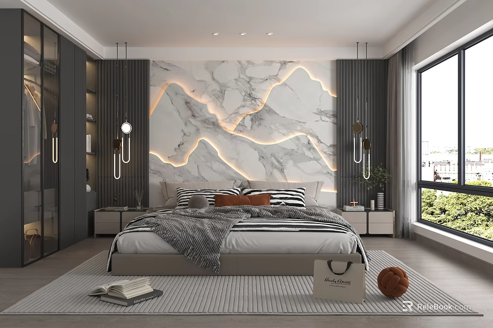 Modern Bedroom Interior With Marble Accent Wall Lighting Bedside Pendants Bed And Window View 3d model