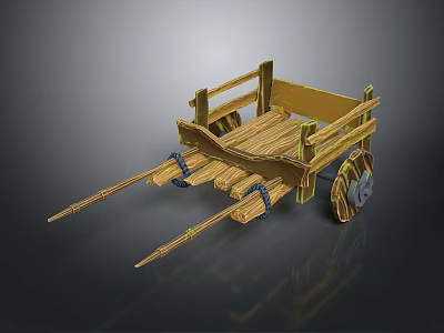 Wooden Hand Cart 3D Model With Brown Wooden Structure Wheels And Pull Rods 3d model