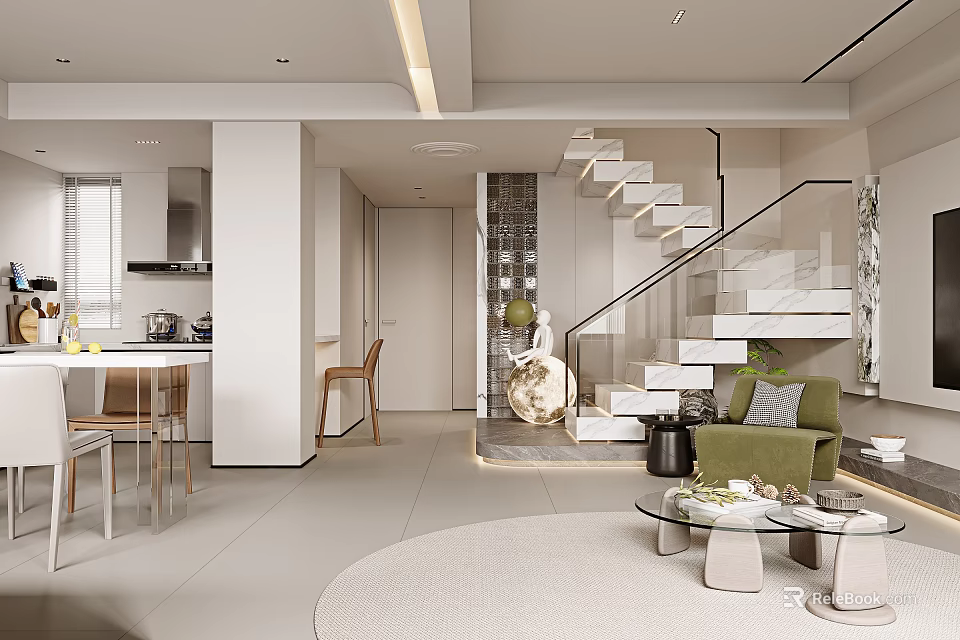 Modern Open Concept Living And Dining Room With Green Sofa Dining Table Round Rug And Staircase 3d model 