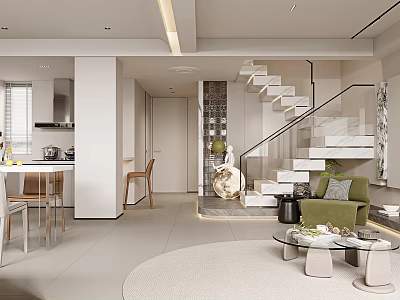 Modern Open Concept Living And Dining Room With Green Sofa Dining Table Round Rug And Staircase 3d model