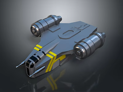 Sci-Fi Spaceship 3D Model With Streamlined Metallic Body Yellow Stripes And Twin Engines 3d model