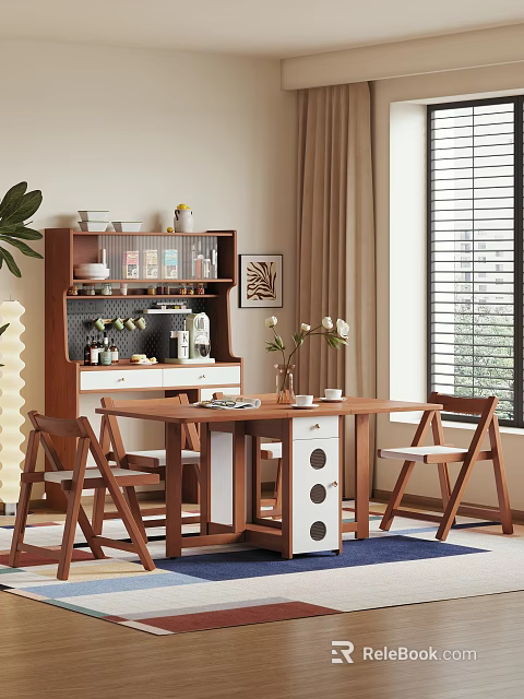 Modern Interior Dining Table And Chairs With Wooden Sideboard Decorative Plants Window Blinds And Curtains 3d model 