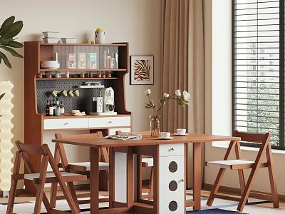 Modern Interior Dining Table And Chairs With Wooden Sideboard Decorative Plants Window Blinds And Curtains 3d model