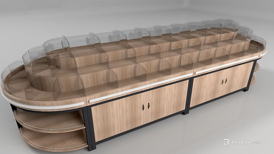 Wooden Display Shelf With Transparent Covers Multiple Layers And Bottom Cabinets For Merchandise 3d model 