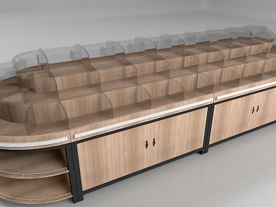 Wooden Display Shelf With Transparent Covers Multiple Layers And Bottom Cabinets For Merchandise 3d model
