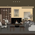 Warm Modern Living Room Interior With Fireplace Bookshelf Beige Sofa And Decorative Art