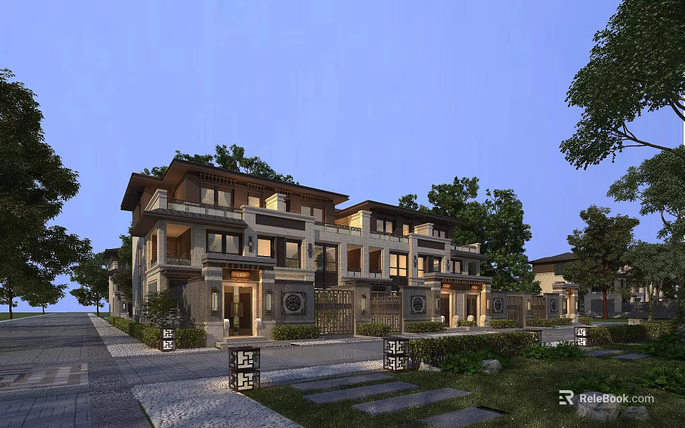 Traditional Chinese Style Townhouse Exterior With Lush Greenery And Garden Lamps 3d model 