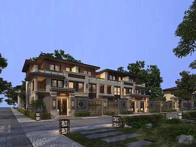 Traditional Chinese Style Townhouse Exterior With Lush Greenery And Garden Lamps 3d model