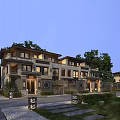Traditional Chinese Style Townhouse Exterior With Lush Greenery And Garden Lamps