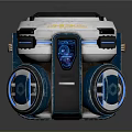 Futuristic Mechanical Device With Wheels Display Screen White Blue Accents And Control Panel