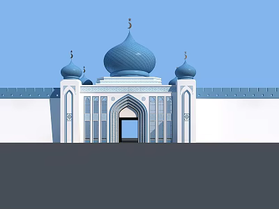 Traditional Mosque Exterior With Blue Domes And White Architecture Arched Entrance 3d model