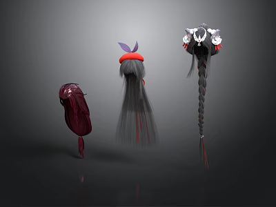 Three Different Style Wigs As Practical Daily Living Accessories For Decoration 3d model