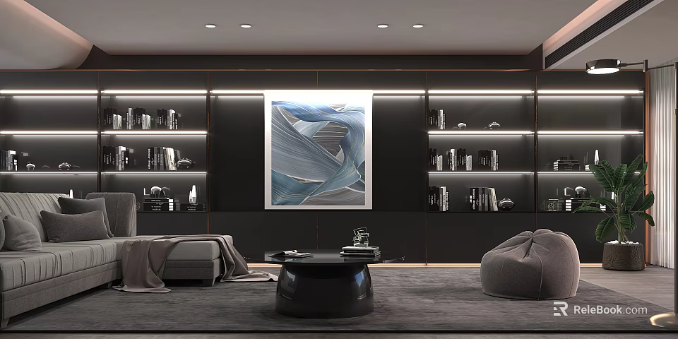 Modern Living Room With Gray Sofa Black Round Coffee Table And Blue Gray Abstract Painting 3d model 